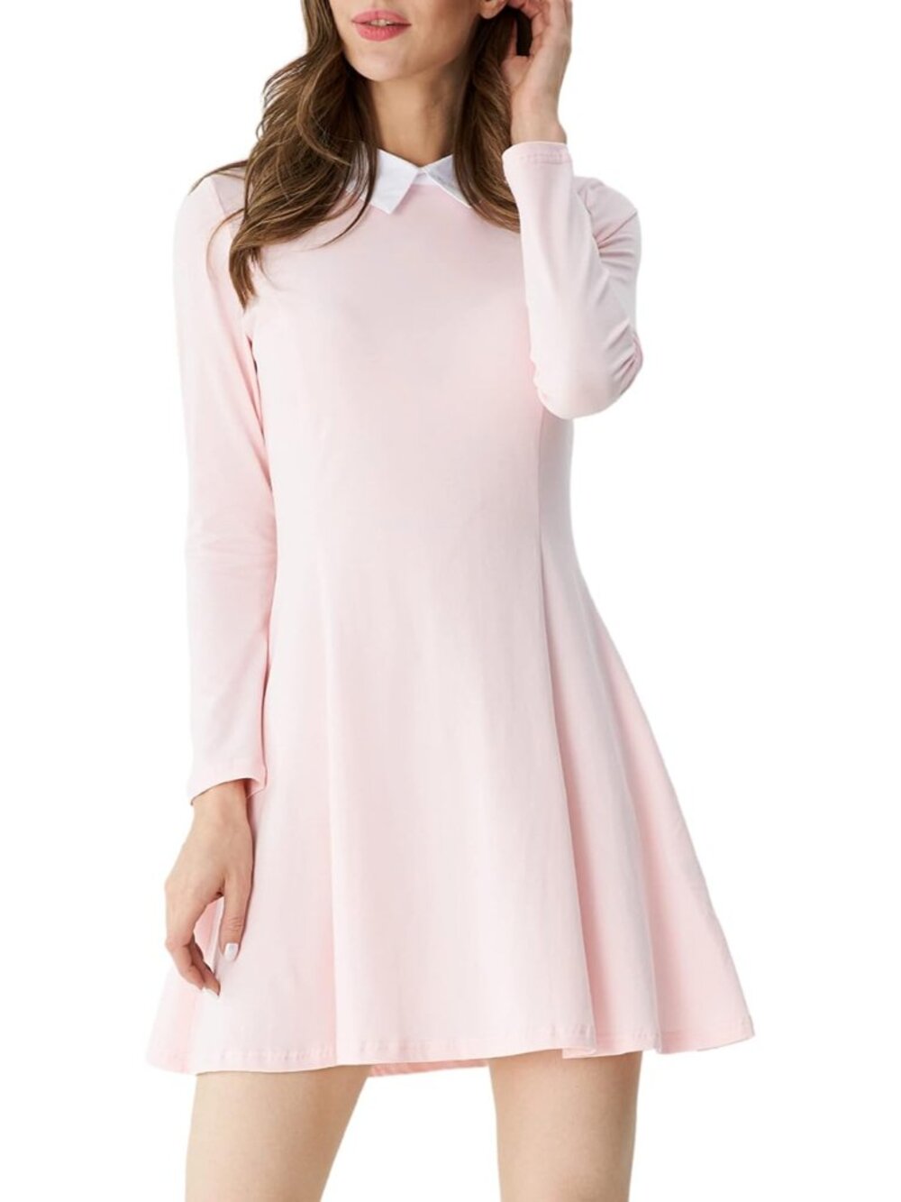 Women's Pink Long Sleeve Peter Pan Collar A Line Fit & Flare Skater Goth Dress